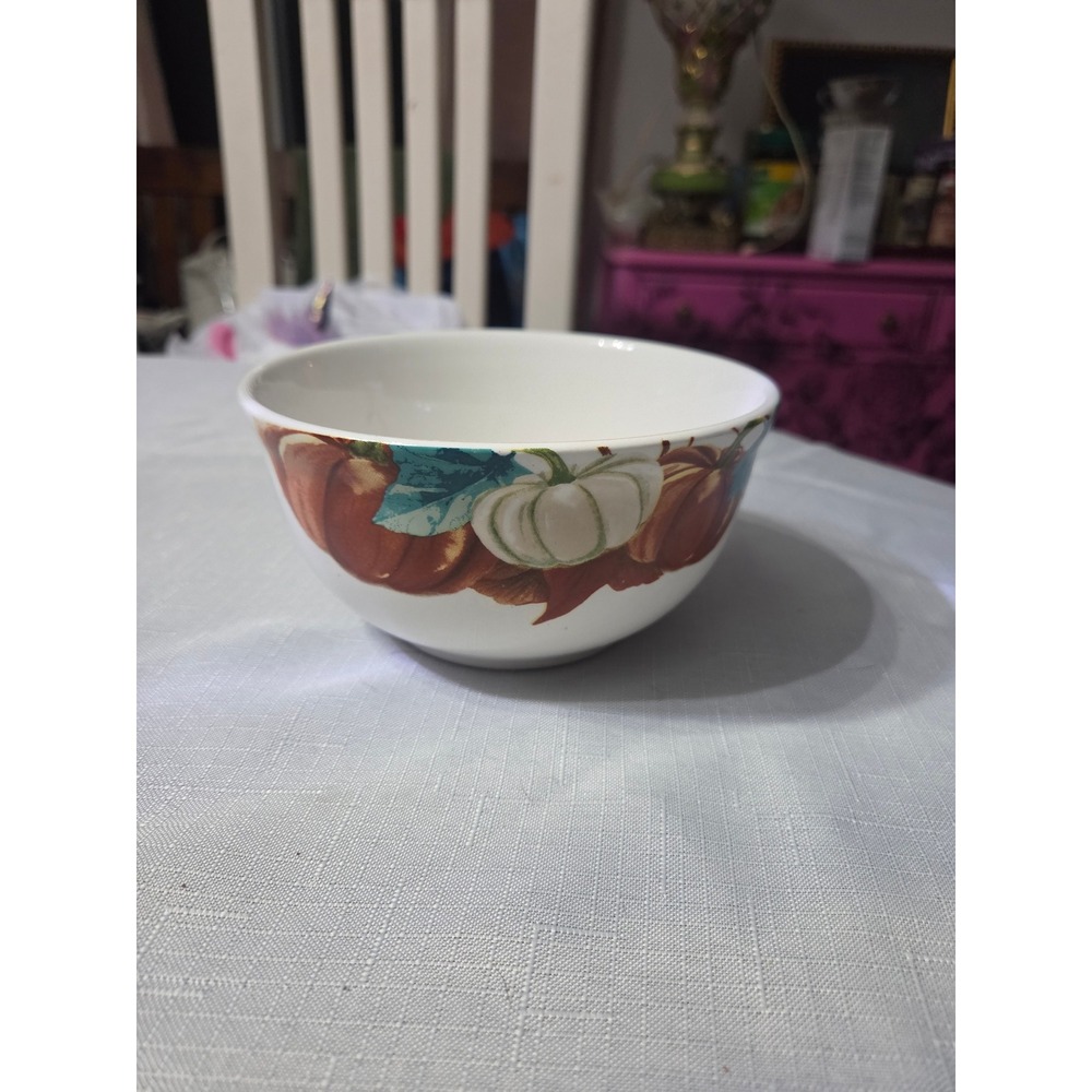 Royal Norfolk Pumpkin Harvest Ceramic Bowl White Orange Teal Fall Thanksgiving